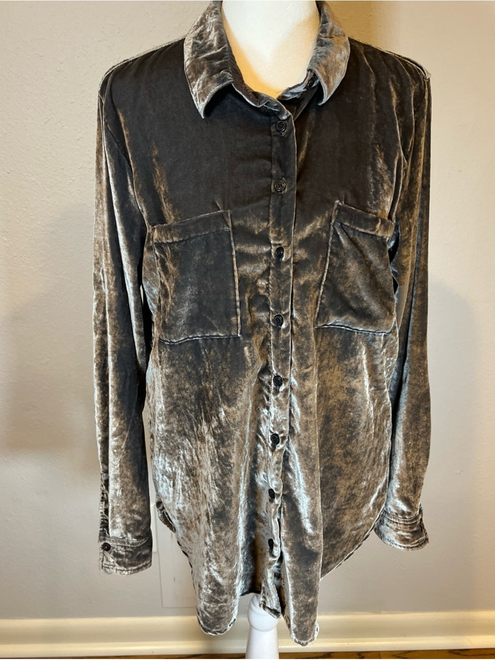 Anthropologie Pilcro Velvet Femme Button Up Shirt Blouse Whimsigoth Boho Grey S